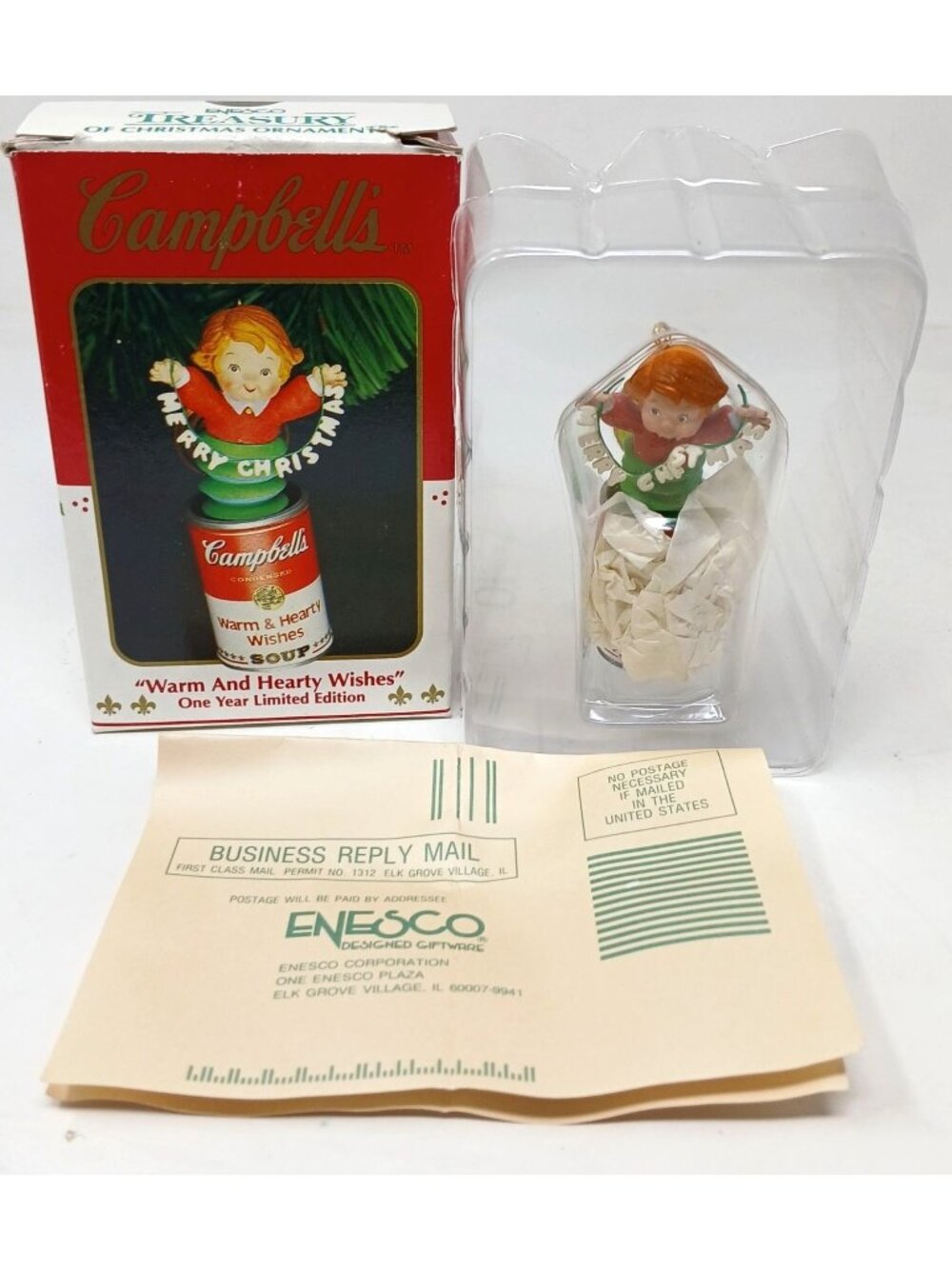 VTG 93 Enesco Campbells Kids Ornament Soup Can Warm & Hearty Wishes #GS-6